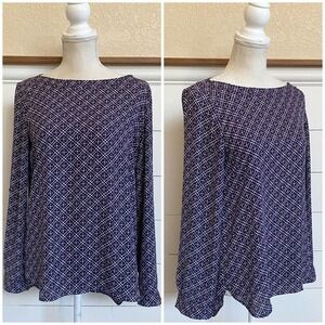 Loft Boat Neck Roll Tab Sleeves Geometric‎ Blue, Pink, White Career Blouse sz S